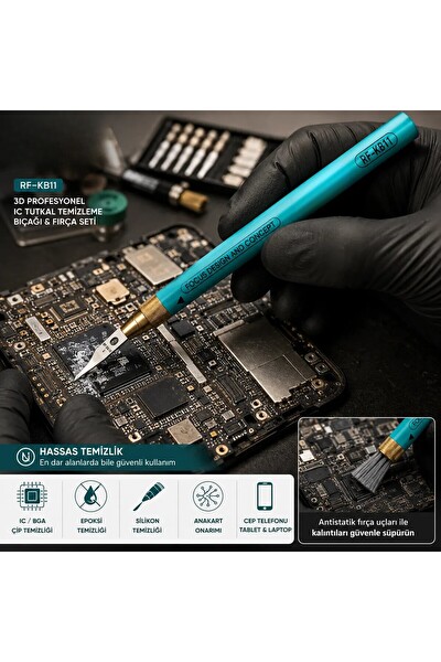 Piyatech RF-KB11 3D Telefon Anakart Entegre IC Tutkal Temizleme Bıçağı - Antistatik Fırça Seti