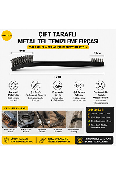 Piyatech Çift Taraflı Metal Tel Temizleme Fırçası Siyah 17 CM