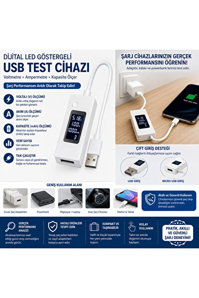 Piyatech Dijital Led Göstergeli USB Voltmetre - Ampermetre Test Cihazı