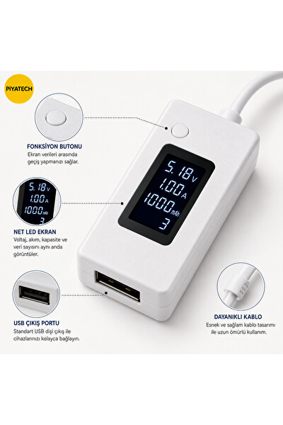 Piyatech Dijital Led Göstergeli USB Voltmetre - Ampermetre Test Cihazı