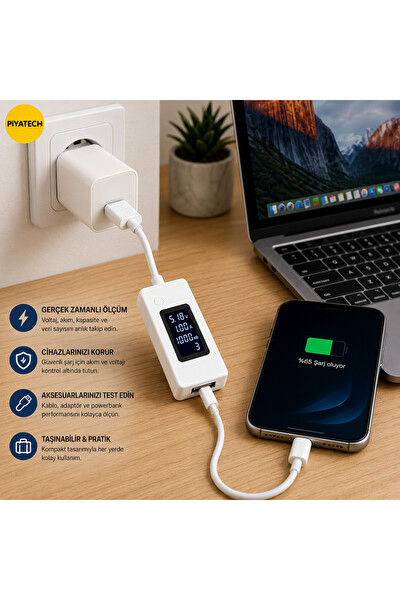 Piyatech Dijital Led Göstergeli USB Voltmetre - Ampermetre Test Cihazı