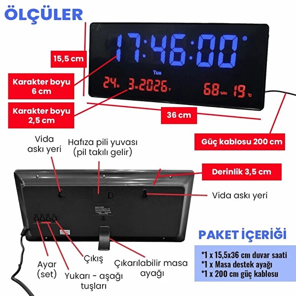 Upway 15×36 CM Büyük HD Alarm Tarih Sıcaklık Nem LED Dijital Duvar Saati