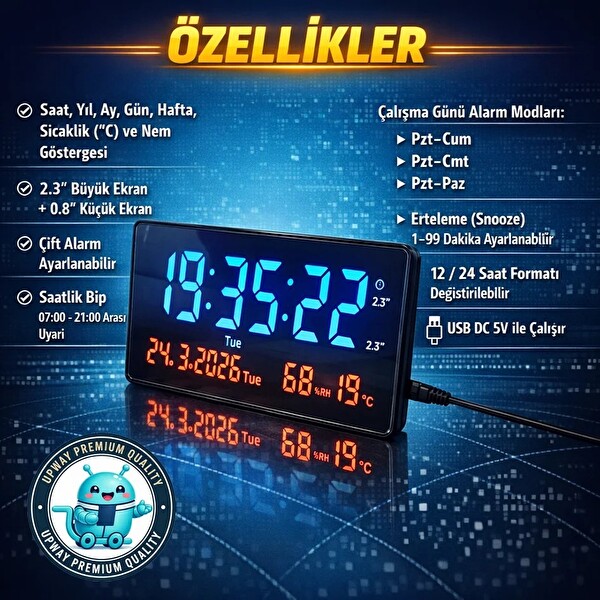 Upway 15×36 CM Büyük HD Alarm Tarih Sıcaklık Nem LED Dijital Duvar Saati