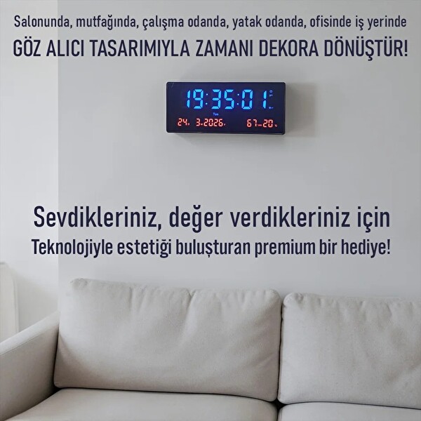 Upway 15×36 CM Büyük HD Alarm Tarih Sıcaklık Nem LED Dijital Duvar Saati