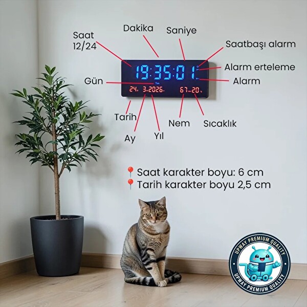 Upway 15×36 CM Büyük HD Alarm Tarih Sıcaklık Nem LED Dijital Duvar Saati