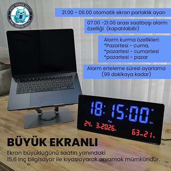 Upway 15×36 CM Büyük HD Alarm Tarih Sıcaklık Nem LED Dijital Duvar Saati