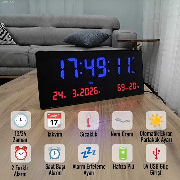 Upway 15×36 CM Büyük HD Alarm Tarih Sıcaklık Nem LED Dijital Duvar Saati