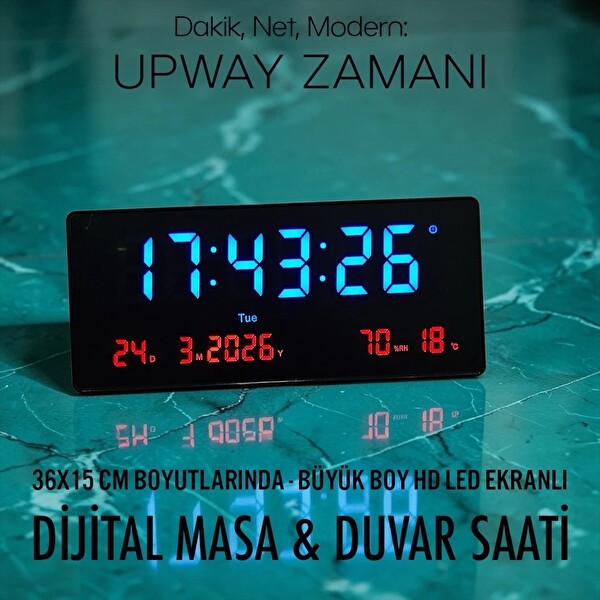 Upway 15×36 CM Büyük HD Alarm Tarih Sıcaklık Nem LED Dijital Duvar Saati