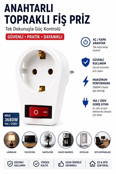 Şahnet Topraklı Anahtarlı Fiş Priz Beyaz 16A 3680W Aç Kapa Anahtarlı Tekli Priz