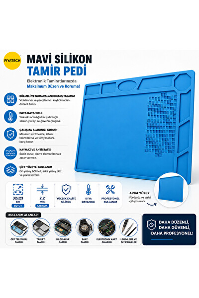 Piyatech Mavi Silikon Tamir Pedi Isıya Dayanıklı Manyetik Vidalama Bölmeli Elektronik Servis Matı 32 x 23 CM