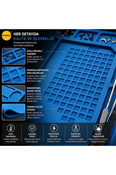 Piyatech Mavi Silikon Tamir Pedi Isıya Dayanıklı Manyetik Vidalama Bölmeli Elektronik Servis Matı 32 x 23 CM