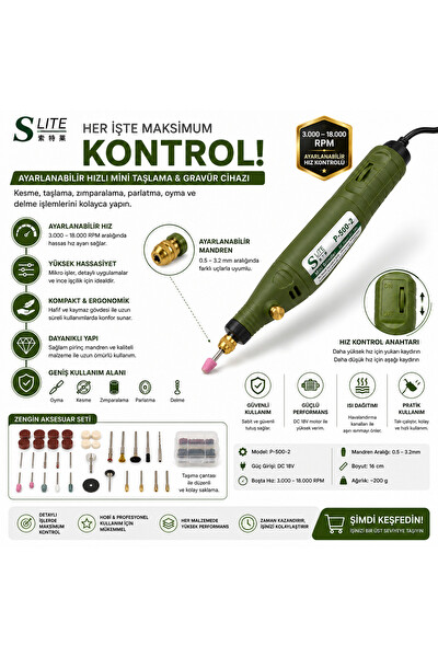 Piyatech 18V Ayarlanabilir Hızlı Mini Gravür ve Taşlama Makinesi Seti – 3000-18000 RPM, 0.5-3.2 MM Mandren Çok Amaçlı Rotary Tool