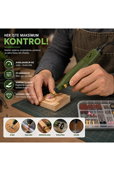 Piyatech 18V Ayarlanabilir Hızlı Mini Gravür ve Taşlama Makinesi Seti – 3000-18000 RPM, 0.5-3.2 MM Mandren Çok Amaçlı Rotary Tool