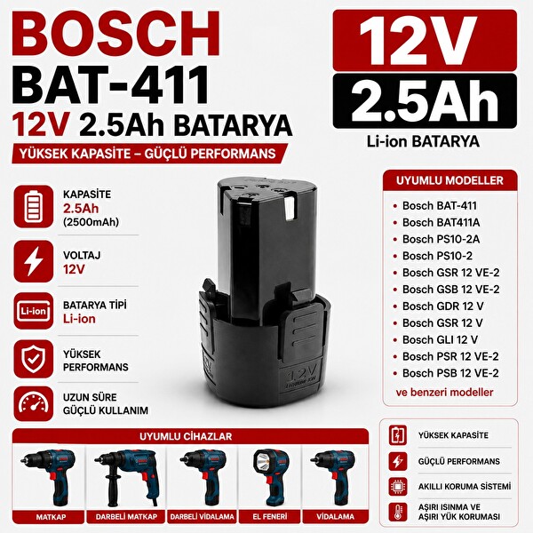 İnfostar Bosch BAT-411 12v 2.5 Ah PS40-2 - PS10 - PS20-2 - PS21-2A ile Uyumlu Muadil Matkap Bataryası
