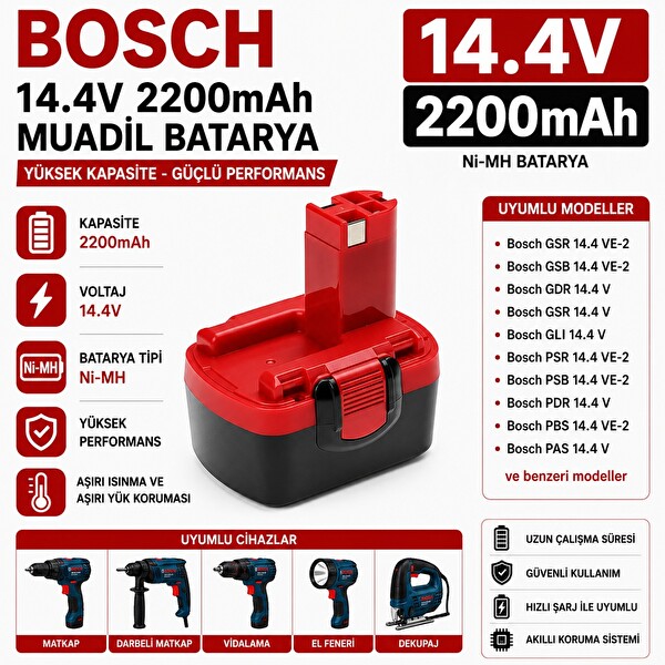 İnfostar Bosch AHS 41 - ART 26 - GDR 14.4V - GDS 14.4V - GHO 14.4V ile Uyumlu Muadil Matkap Bataryası
