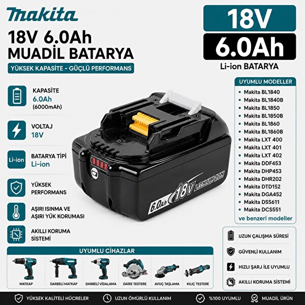İnfostar Makita BL1840-BL1850 18v 6Ah BL1840-BL1850 18v 6Ah Muadil Batarya