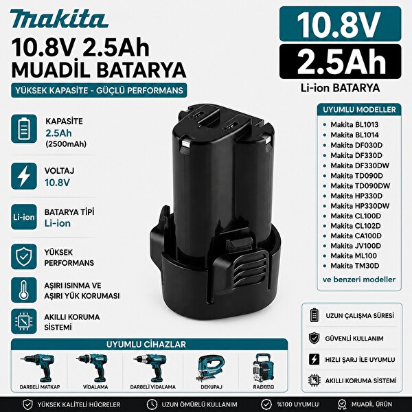 İnfostar Makita Bl1013 10.8v 2.5Ah WT01Z - TW100DWE - UH200DWE - UH200DWEX ile Uyumlu Muadil Matkap Bataryası