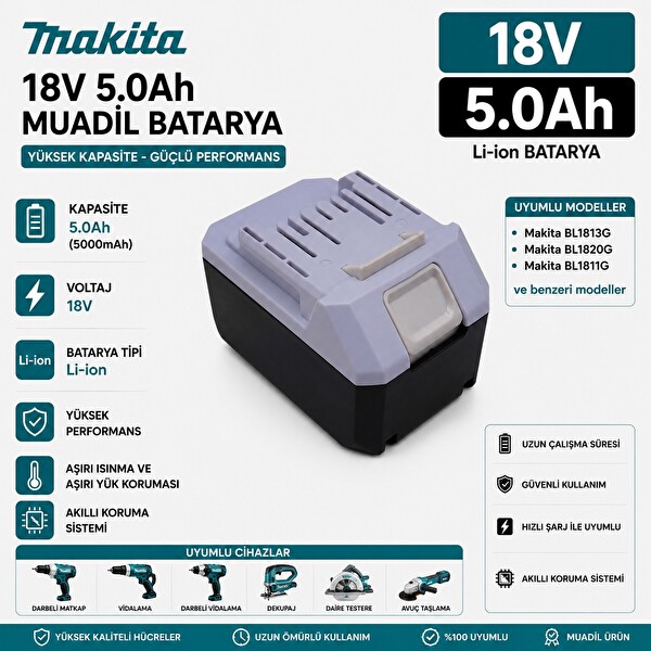 İnfostar Makita 18v 5Ah 18V BL1813G BL1820G BL1811G MDF452DWEG-MDF452DZ-MT071E - MT071D ile Uyumlu Muadil Matkap Bataryası