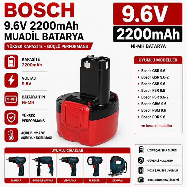 İnfostar Bosch GLI 9.6V - GLI 9.6V ile Uyumlu Muadil Matkap Bataryası