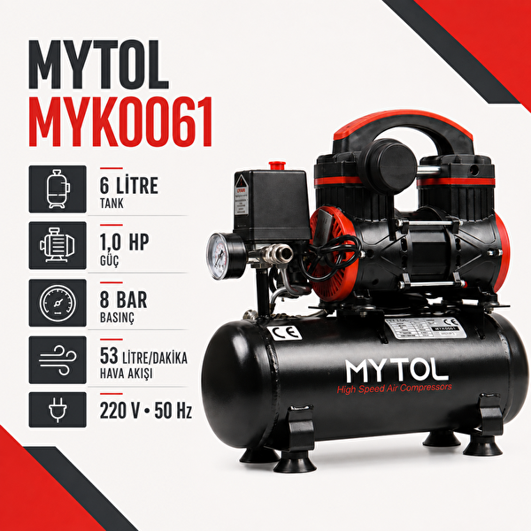 Mytol MYK0061 6 Litre 1 HP Yağsız Taşınabilir Hava Kompresörü 8 Bar