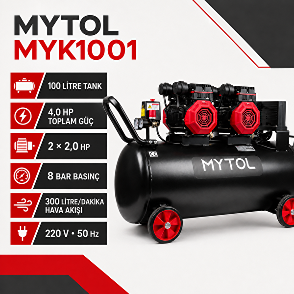 Mytol MYK1001 100 Litre 4 HP Yağsız Yüksek Hızlı Hava Kompresörü 8 Bar