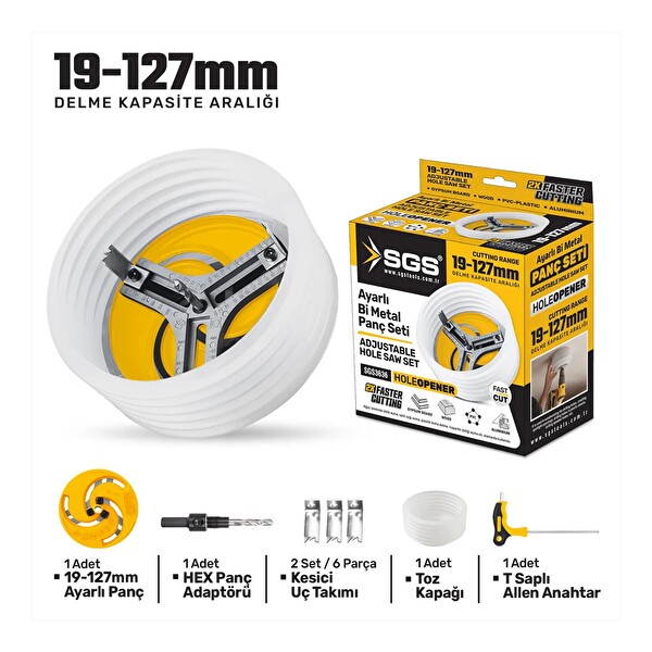 SGS 3636 Toz Kapaklı Ayarlı Bi-Metal Panç Seti 19-127 MM Spot ve Delik Açma Testeresi Aparatı