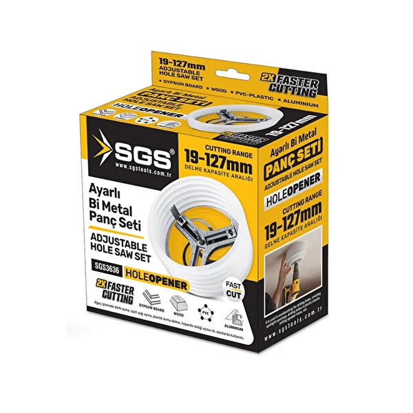 SGS 3636 Toz Kapaklı Ayarlı Bi-Metal Panç Seti 19-127 MM Spot ve Delik Açma Testeresi Aparatı