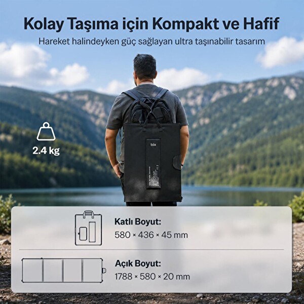 Bix 200W Katlanabilir Taşınabilir Güneş Paneli USB-A Type-C DC Çıkışlı Power Station Uyumlu Konnektör Kit Dahil Outdoor Kamp