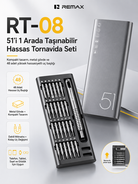 Remax RT-08 51'si 1 Arada S2 Çelik Hassas Alüminyum Kutulu Tornavida ve Tamir Seti