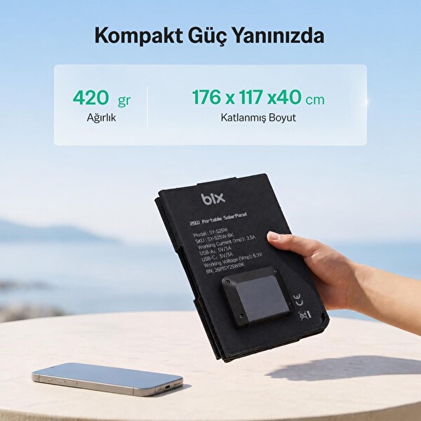 Bix 25W Katlanabilir Taşınabilir Güneş Paneli IP67 Suya Dayanıklı USB-A ve USB-C Uyumlu Kamp Karavan Outdoor Solar Şarj Paneli