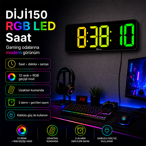 Loyka DİJİ150 RGB Uzaktan Kumandalı Renkli Büyük Ekranlı Dijital Saat