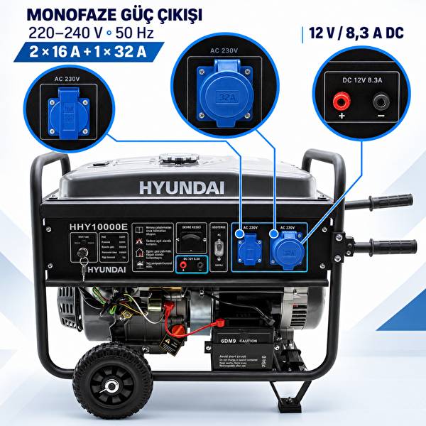 Hyundai HHY10000EAS 8.5 kW 10.6 kVA Marşlı Monofaze Otomatik ATS'li Benzinli Jeneratör
