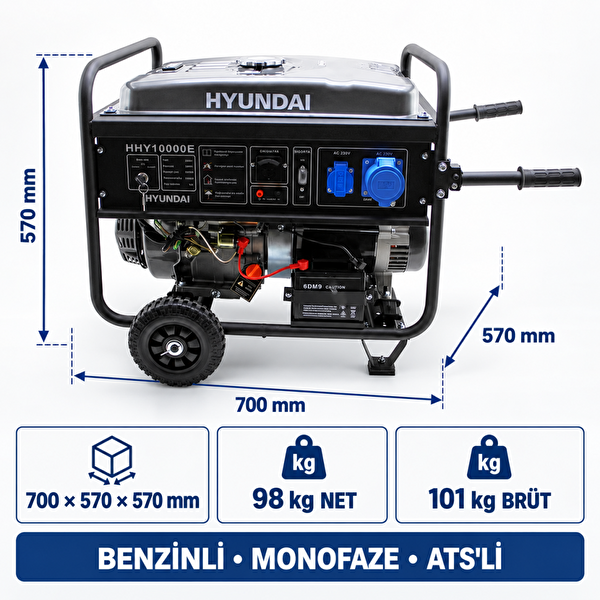 Hyundai HHY10000EAS 8.5 kW 10.6 kVA Marşlı Monofaze Otomatik ATS'li Benzinli Jeneratör