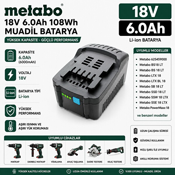 İnfostar Metabo BHA18LT - BHALTX - GA18LTX - GA18LTXG ile Uyumlu Muadil Matkap Bataryası