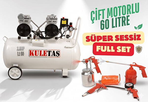 Kuletaş Kompresör Çift Motorlu 60 Litre Süper Sessiz Yağsız - Full Set
