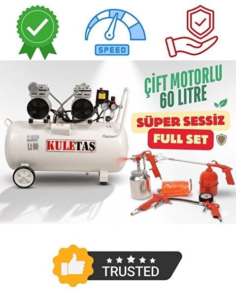Kuletaş Kompresör Çift Motorlu 60 Litre Süper Sessiz Yağsız - Full Set