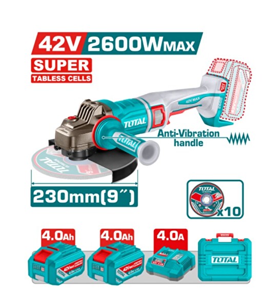Total TAGLI4260182 42V 230 MM Li-ion Kömürsüz Akülü Büyük Taşlama Makinesi
