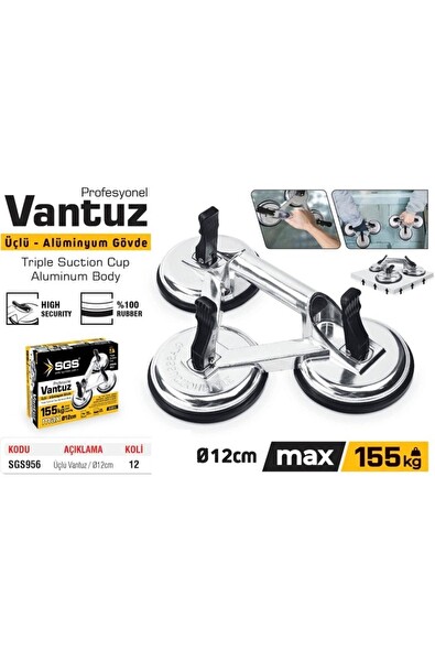 SGS956 155 KG Üçlü Vantuz Alüminyum Cam Seramik Fayans Ahşap 12 CM