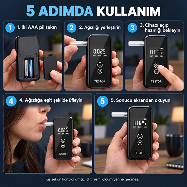Dijital Alkol Test Cihazı 8 Ağızlıklı Hafızalı LCD Ekranlı 2 AAA Pilli Taşınabilir Alkolmetre