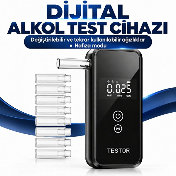 Dijital Alkol Test Cihazı 8 Ağızlıklı Hafızalı LCD Ekranlı 2 AAA Pilli Taşınabilir Alkolmetre