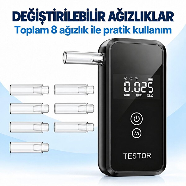 Dijital Alkol Test Cihazı 8 Ağızlıklı Hafızalı LCD Ekranlı 2 AAA Pilli Taşınabilir Alkolmetre