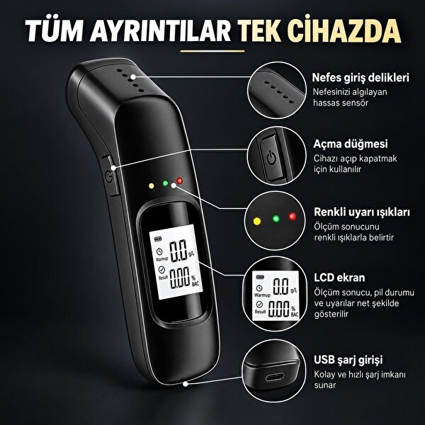 Valkyrie Dijital Alkol Test Cihazı USB Şarjlı Temassız Nefes Ölçer LCD Ekranlı Taşınabilir Alkolmetre