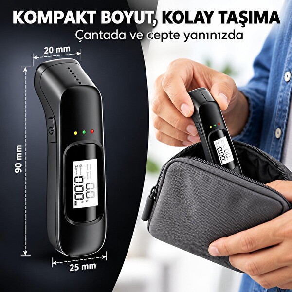 Valkyrie Dijital Alkol Test Cihazı USB Şarjlı Temassız Nefes Ölçer LCD Ekranlı Taşınabilir Alkolmetre