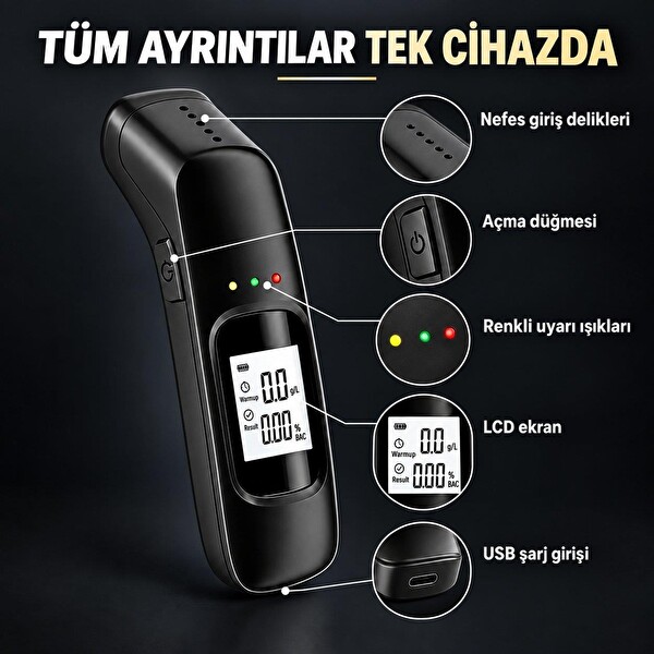 Valkyrie Dijital Alkol Test Cihazı USB Şarjlı Temassız Nefes Ölçer LCD Ekranlı Taşınabilir Alkolmetre