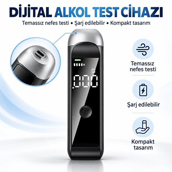 Valkyrie Dijital Alkol Test Cihazı Şarjlı Type-C Temassız Nefes Ölçer LED Ekranlı Taşınabilir