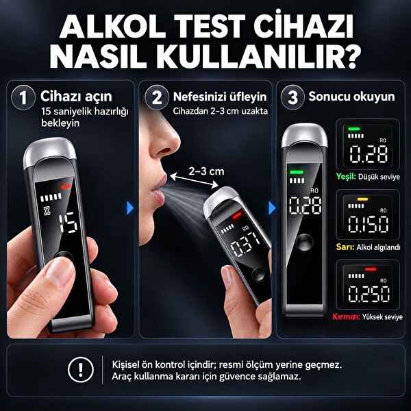 Valkyrie Dijital Alkol Test Cihazı Şarjlı Type-C Temassız Nefes Ölçer LED Ekranlı Taşınabilir
