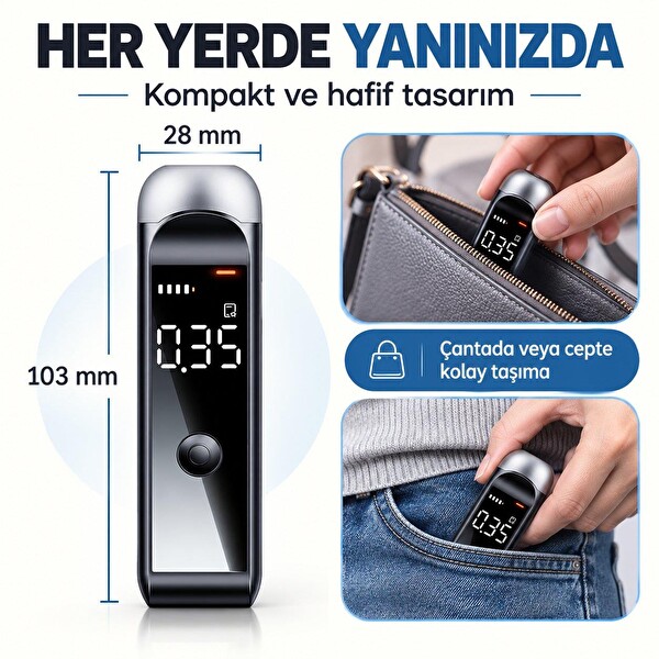Valkyrie Dijital Alkol Test Cihazı Şarjlı Type-C Temassız Nefes Ölçer LED Ekranlı Taşınabilir