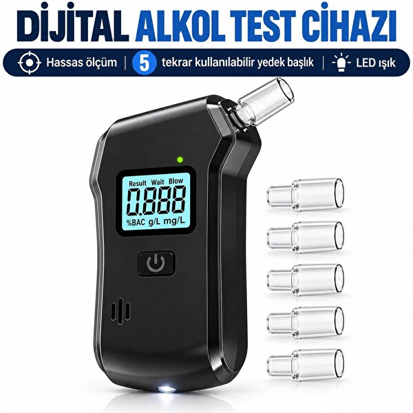 Valkyrie Dijital Alkol Test Cihazı 5 Ağızlıklı LCD Ekranlı LED Işıklı 3 AAA Pilli Taşınabilir Alkolmetre