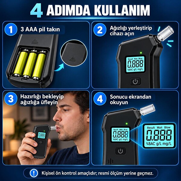 Valkyrie Dijital Alkol Test Cihazı 5 Ağızlıklı LCD Ekranlı LED Işıklı 3 AAA Pilli Taşınabilir Alkolmetre