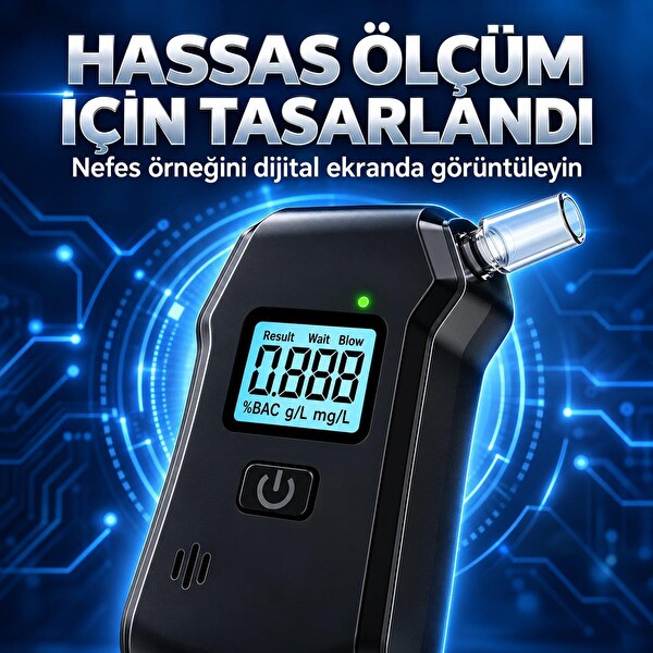 Valkyrie Dijital Alkol Test Cihazı 5 Ağızlıklı LCD Ekranlı LED Işıklı 3 AAA Pilli Taşınabilir Alkolmetre